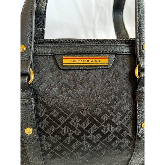 Tommy Hilfiger Black Signature Monogram Satchel Handbag Gold Hardware - Picture 9 of 9